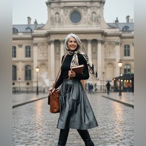 Skirt🌷Gunmetal Gray Satin Pleated A-Line Midi M 8-10🌷4-season capsule-wardrobe